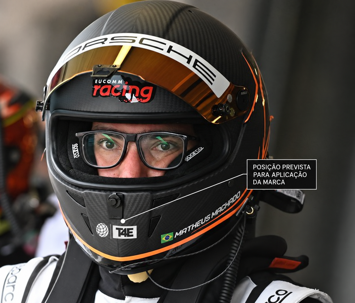 Mockup mostrando a posição prevista para aplicação da marca T4E no capacete do Matheus